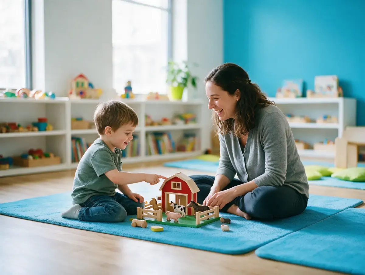 A smiling therapist and a young boy playing with a wooden toy barn and farm animals on a blue play mat