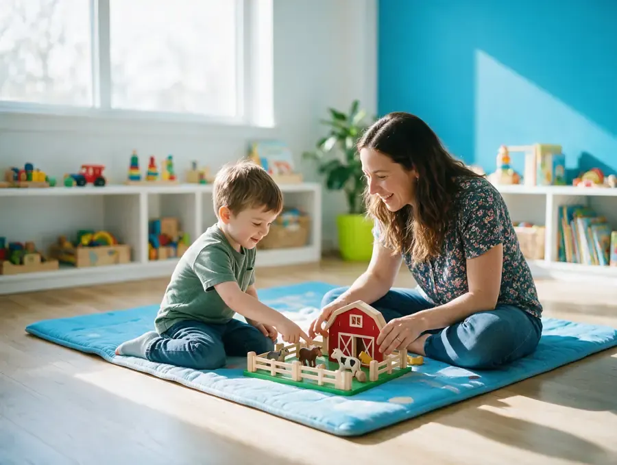 A therapist and a young boy playing with a toy farm set together in a sunny therapy room