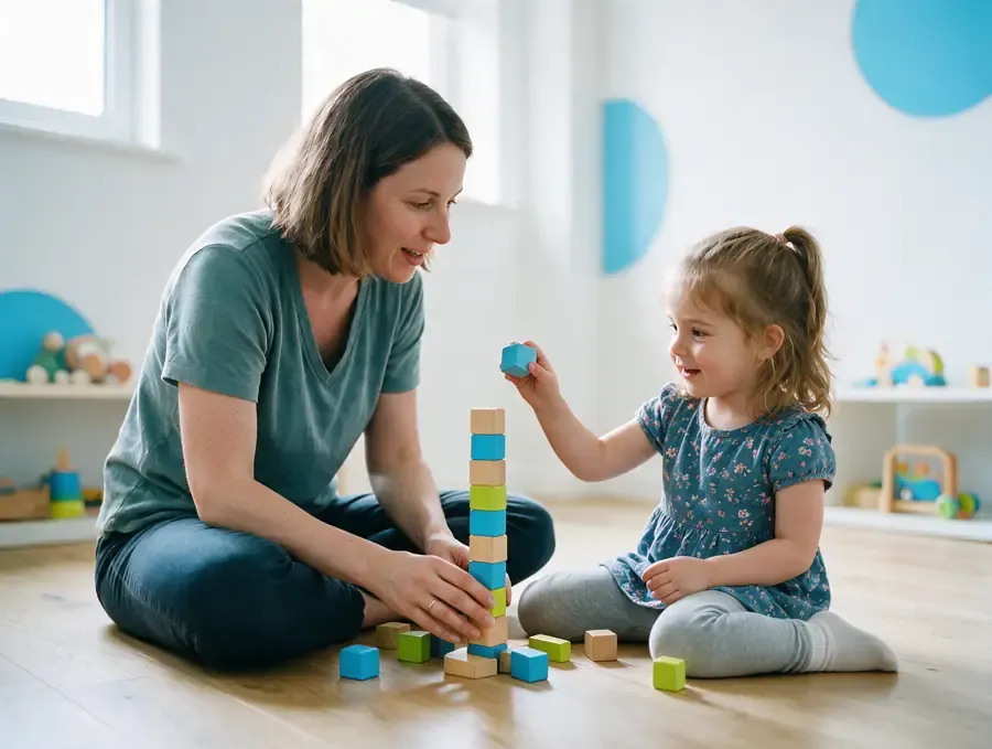 A therapist and a young girl building a tower of colorful wooden blocks on the floor