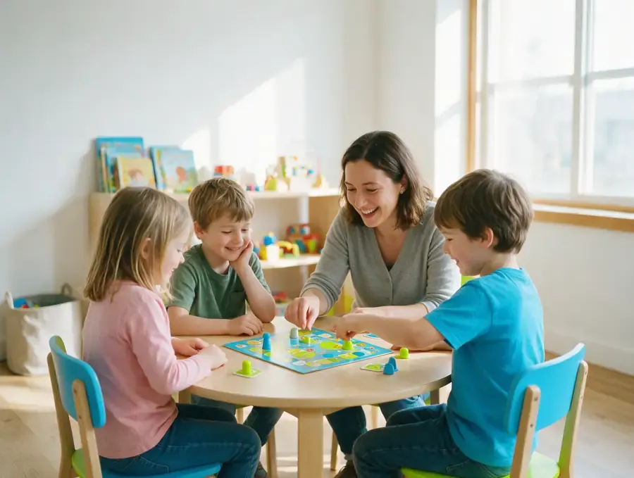 A therapist and three children laughing as they play a board game at a small round table